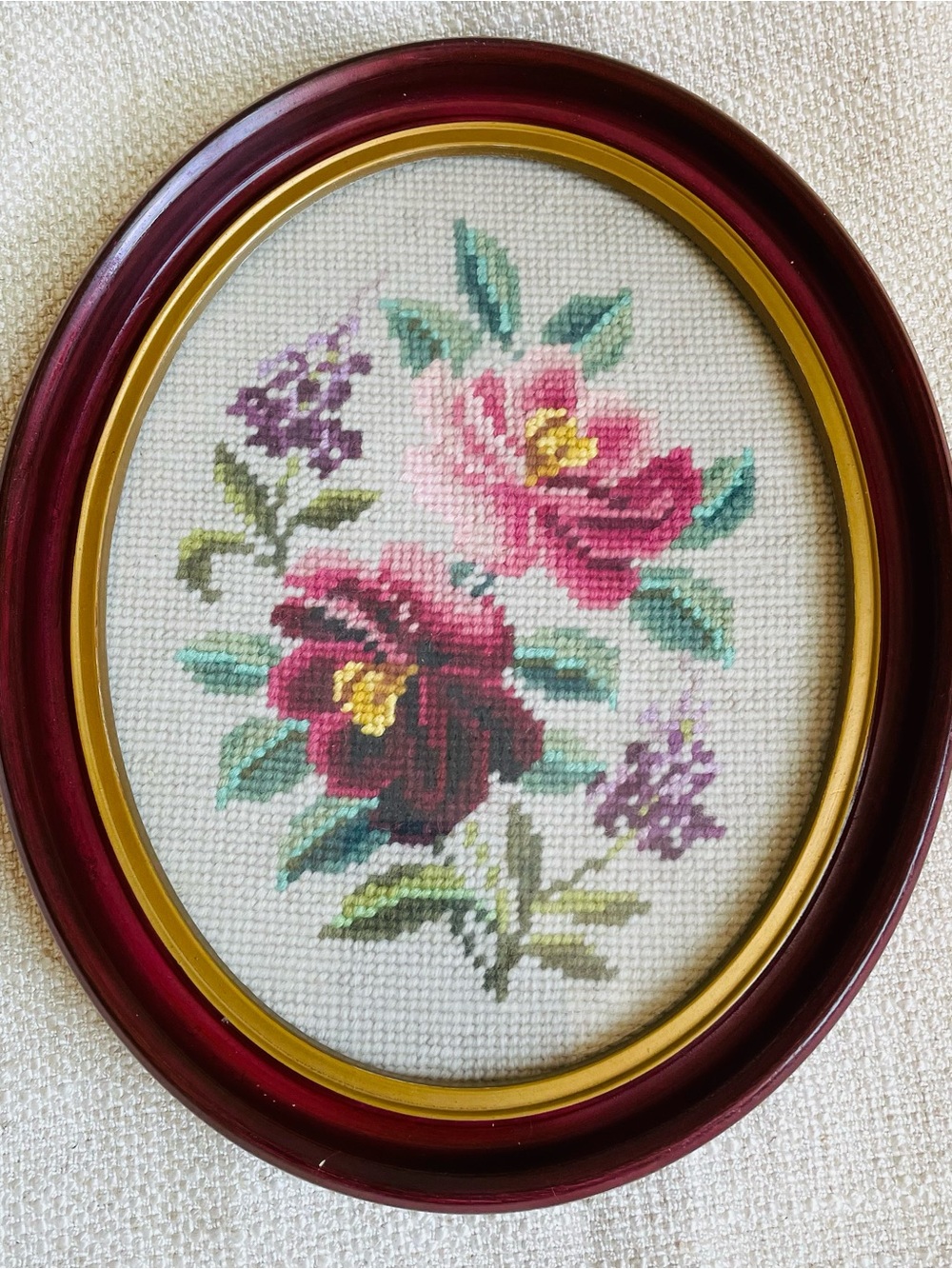 Vintage Framed Floral Cross Stitch Needlepoint Pink Burgundy Roses